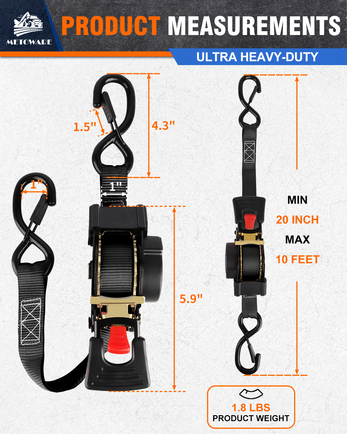 METOWARE Retractable Ratchet Straps (2-Pack) - 1 in x 10 Ft, Black - Image 2