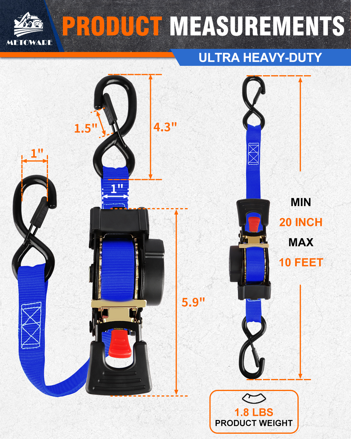 METOWARE Retractable Ratchet Straps (2-Pack) - 1 in x 10 Ft, Blue - Image 2