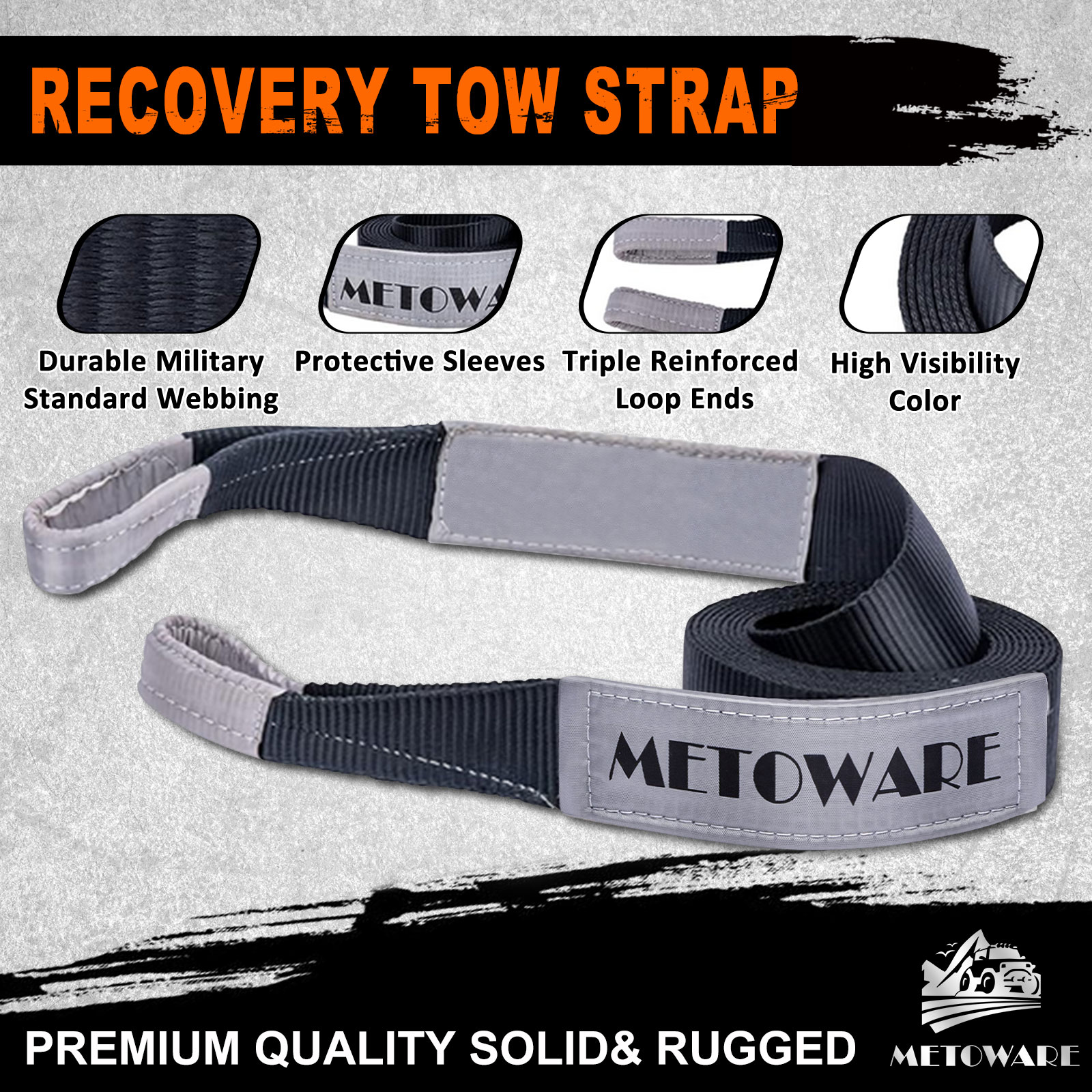 METOWARE Recovery Tow Strap Kit 3" x 20ft 35000 lbs Break Strength (Gray) - Image 3