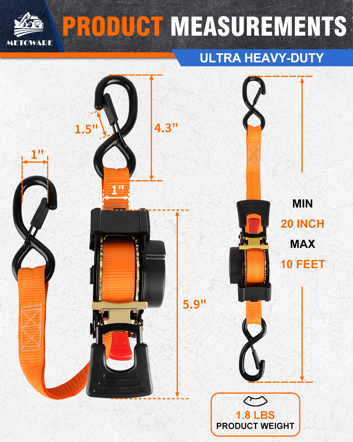 METOWARE Retractable Ratchet Straps (2-Pack) - 1 in x 10 Ft, Orange - Image 2
