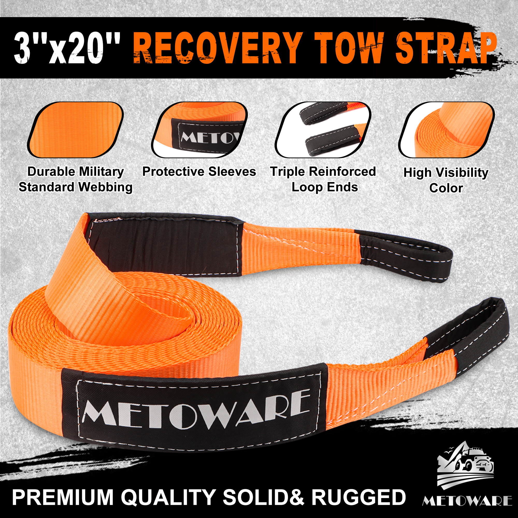 METOWARE Heavy Duty Tow Strap Recovery Kit with D Ring Shackle, 3" x 20ft, 35,000lbs, Orange - Image 2