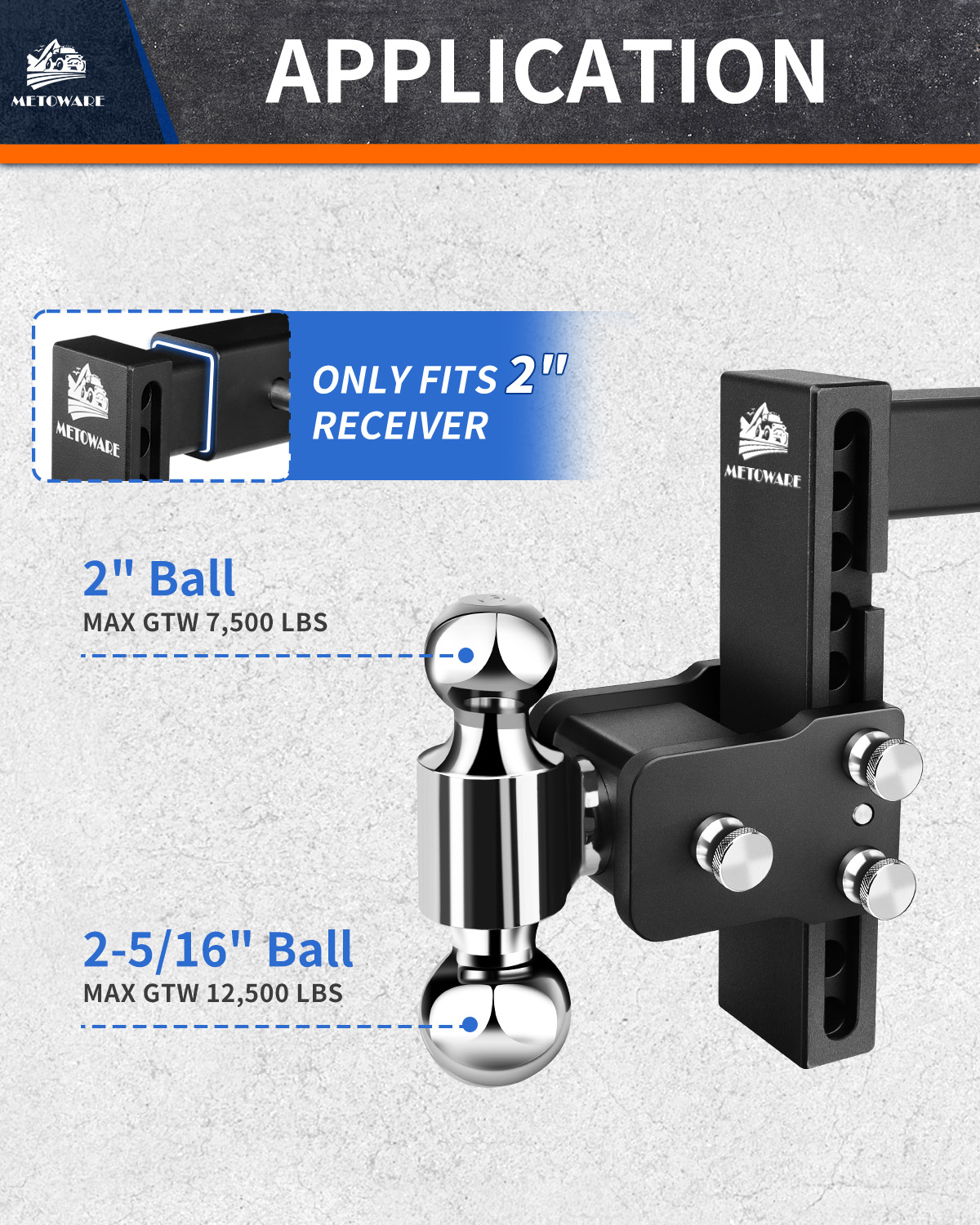 METOWARE 2" Adjustable Trailer Hitch Ball Mount, 8" Drop/Rise, 14K GTW - Image 2