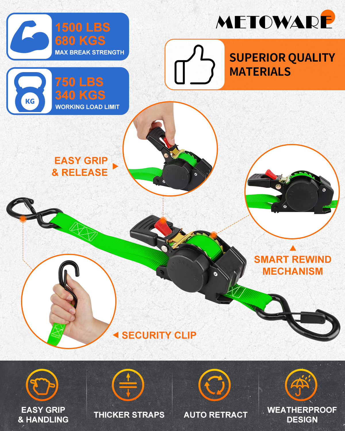 METOWARE Retractable Ratchet Straps (2-Pack) - 1 in x 10 Ft, Green - Image 3