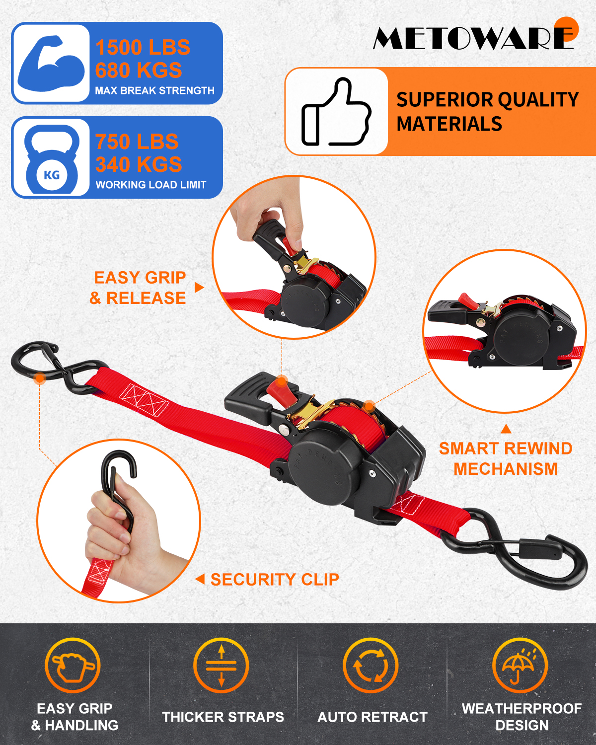 METOWARE Retractable Ratchet Straps (2-Pack) - 1 in x 10 Ft, Red - Image 3