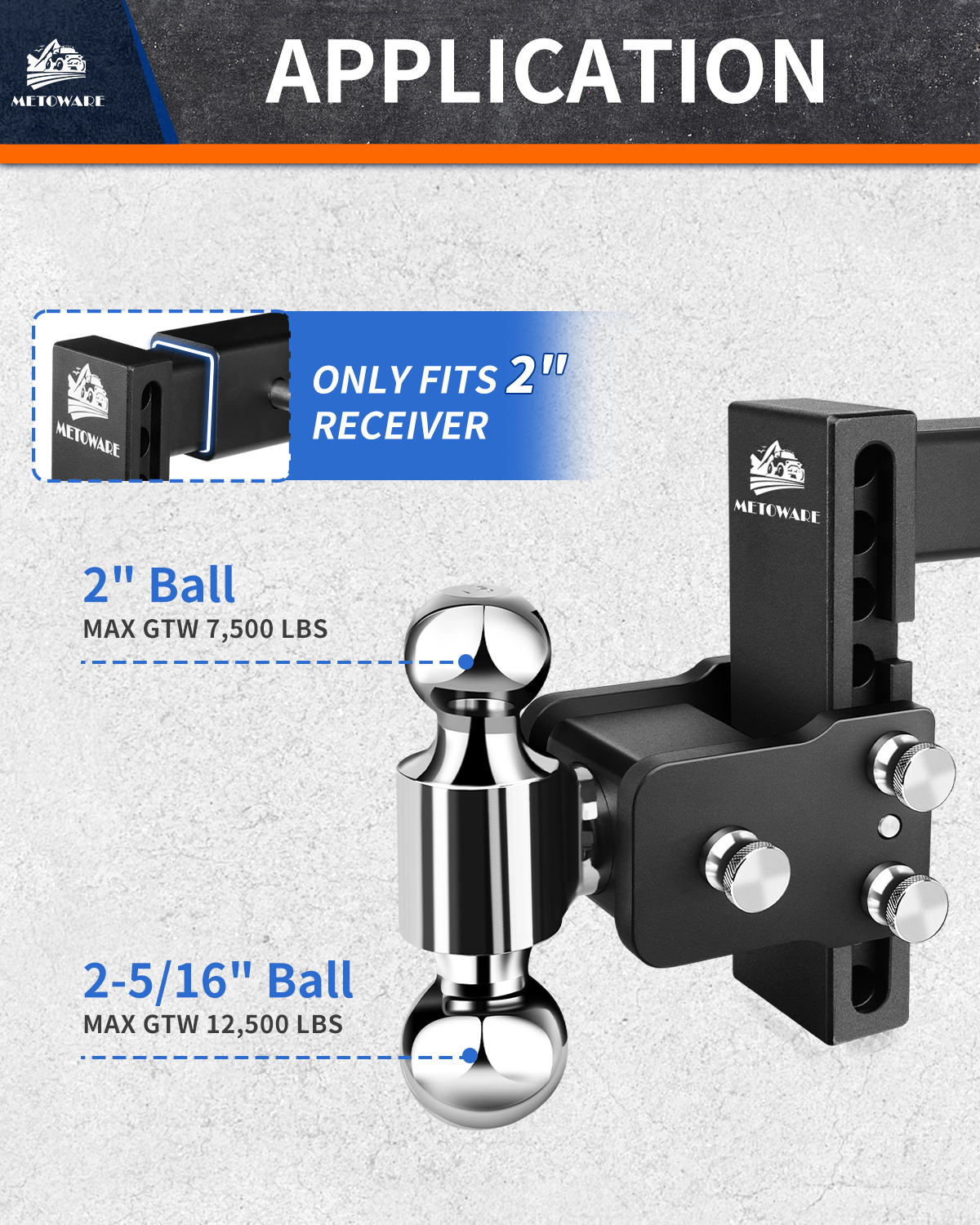 METOWARE 2" Adjustable Trailer Hitch Ball Mount, 6" Drop/Rise, 14K GTW - Image 2