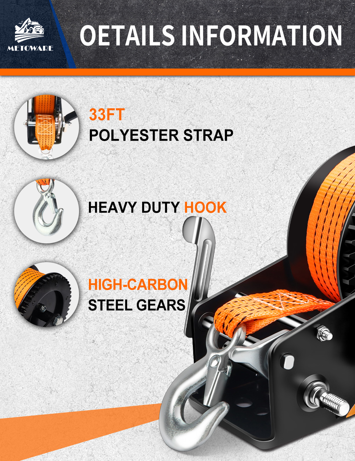 METOWARE 3500 LBS Boat Trailer Winch, Hand Winch 2-Way Ratchet, Orange - Image 3