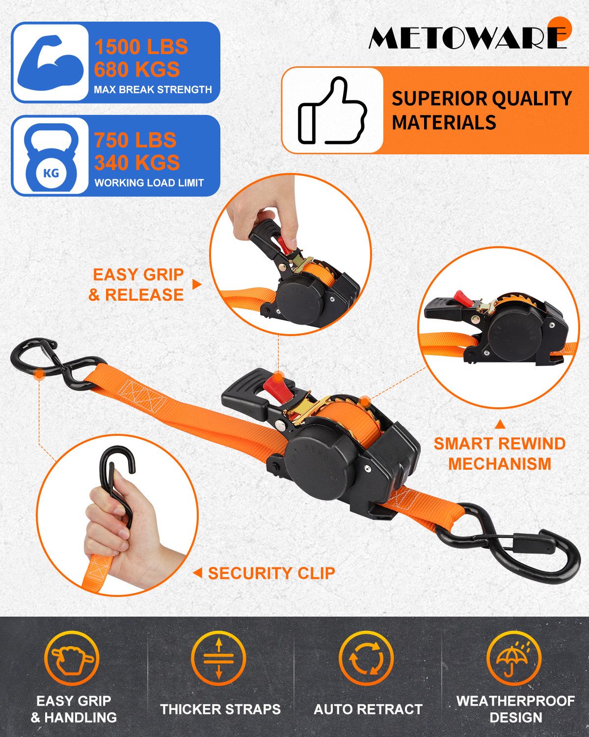 METOWARE Retractable Ratchet Straps (2-Pack) - 1 in x 10 Ft, Orange - Image 3