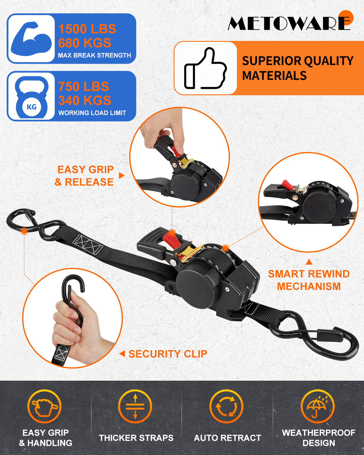 METOWARE Retractable Ratchet Straps (2-Pack) - 1 in x 10 Ft, Black - Image 3