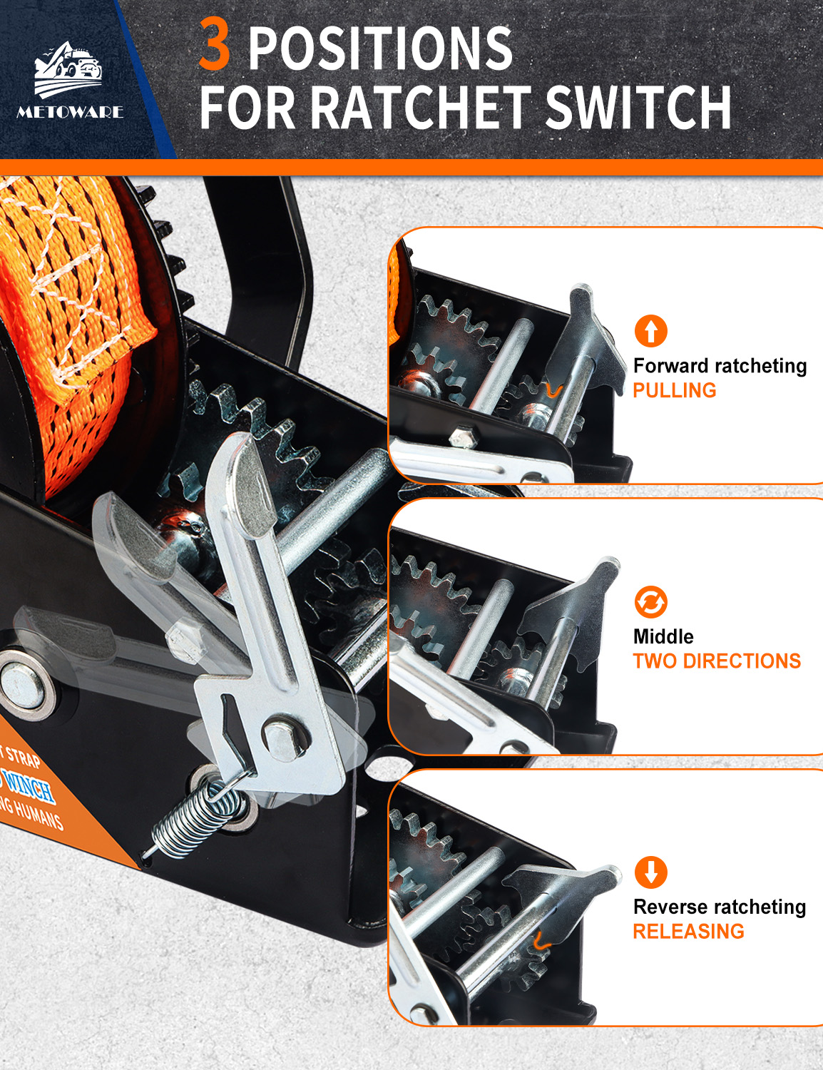 METOWARE 3500 LBS Boat Trailer Winch, Hand Winch 2-Way Ratchet, Orange - Image 4