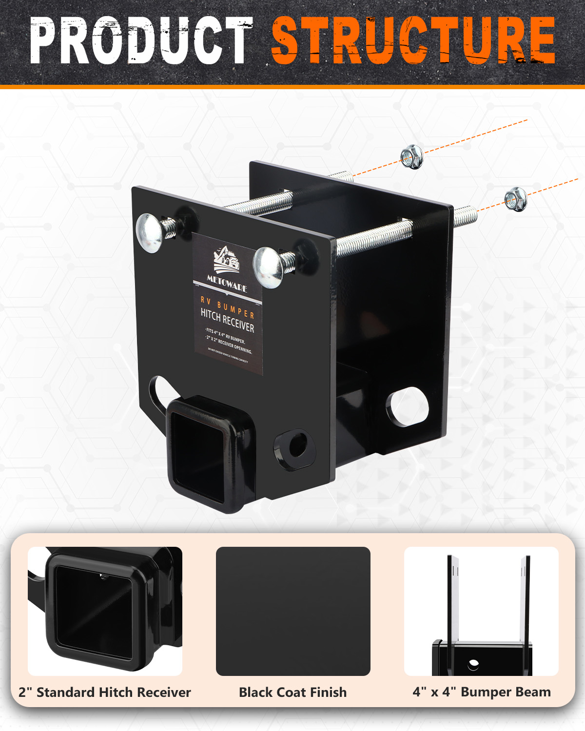 METOWARE RV Bumper Hitch Receiver Fits 4" Square Bumper, 3500 LBS Capacity - Image 4
