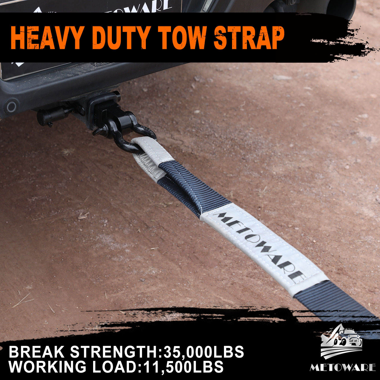 METOWARE Recovery Tow Strap Kit 3" x 20ft 35000 lbs Break Strength (Gray) - Image 2