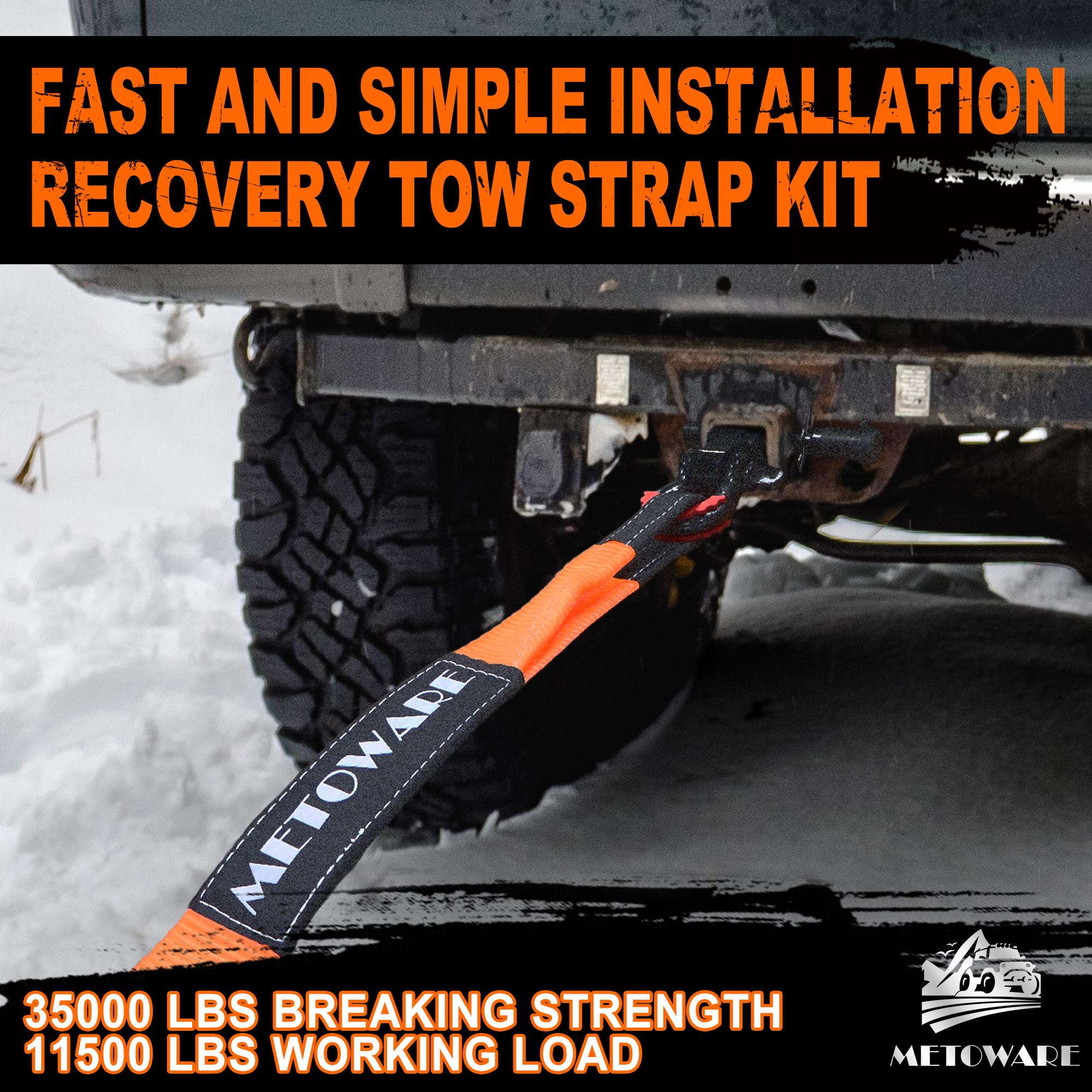 METOWARE Heavy Duty Tow Strap Recovery Kit with D Ring Shackle, 3" x 30ft, 35,000lbs, Orange - Image 4