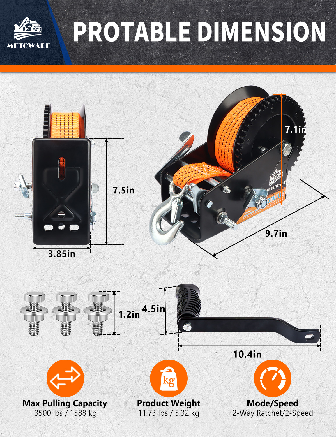 METOWARE 3500 LBS Boat Trailer Winch, Hand Winch 2-Way Ratchet, Orange - Image 5