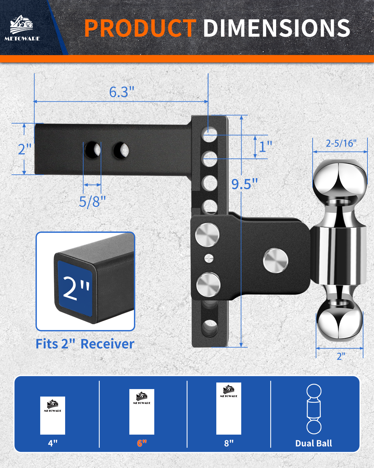 METOWARE 2" Adjustable Trailer Hitch Ball Mount, 6" Drop/Rise, 14K GTW - Image 5