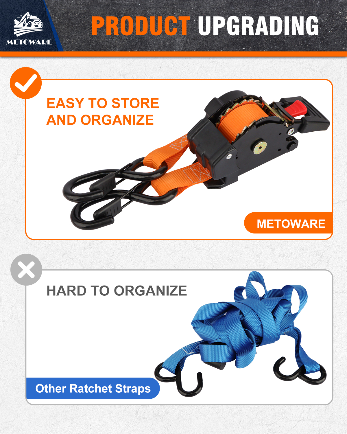 METOWARE Retractable Ratchet Straps (2-Pack) - 1 in x 10 Ft, Orange - Image 7