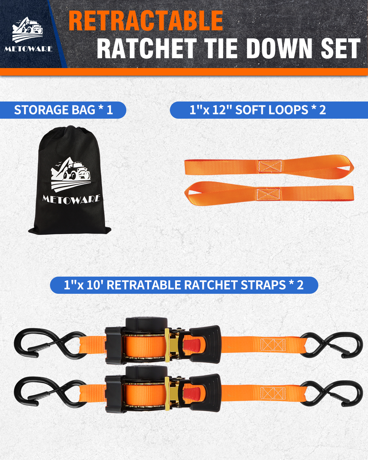 METOWARE Retractable Ratchet Straps (2-Pack) - 1 in x 10 Ft, Orange - Image 5