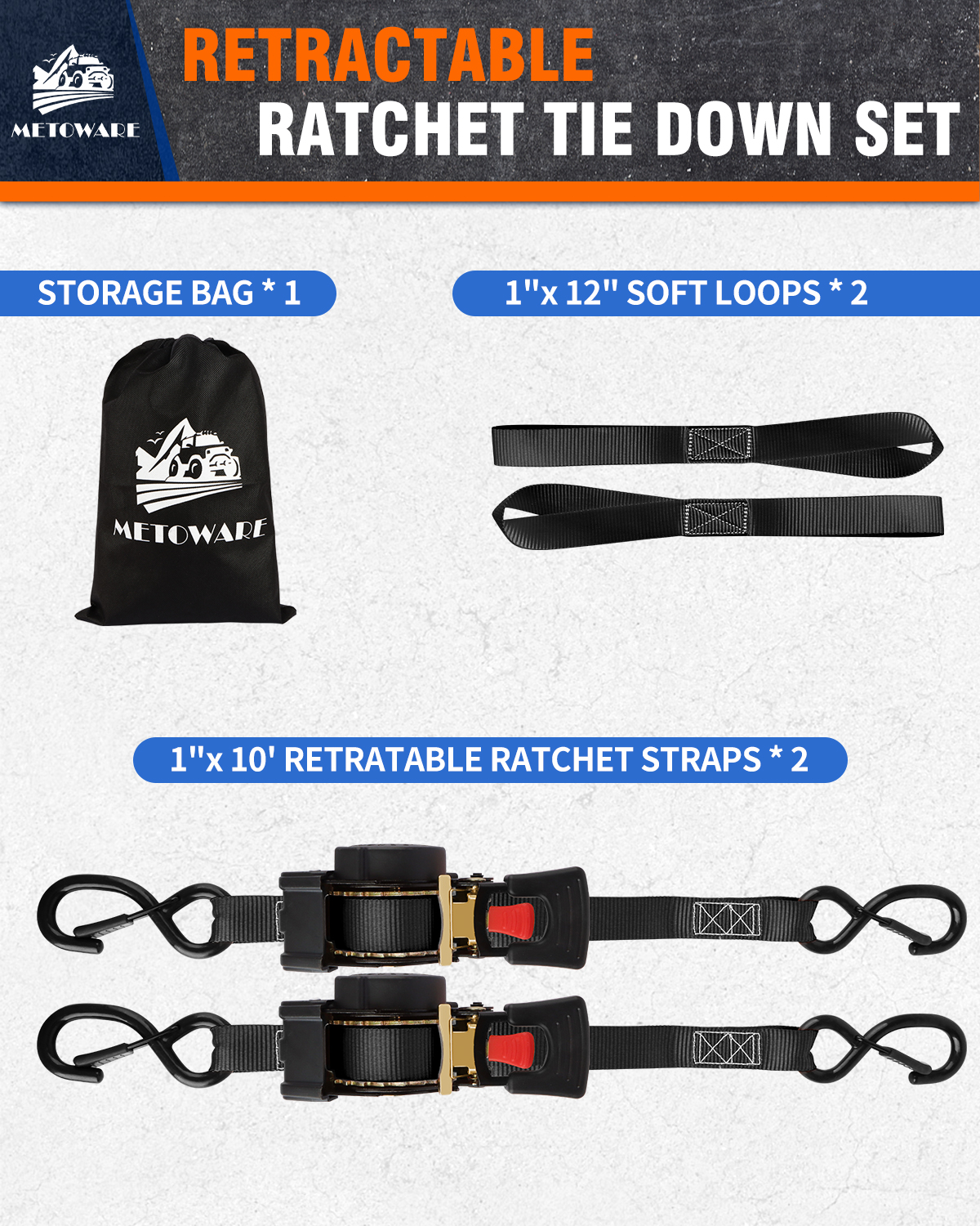 METOWARE Retractable Ratchet Straps (2-Pack) - 1 in x 10 Ft, Black - Image 7