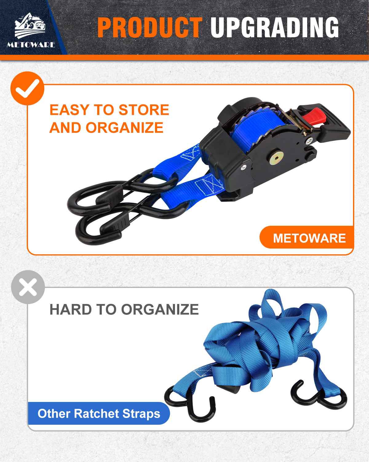 METOWARE Retractable Ratchet Straps (2-Pack) - 1 in x 10 Ft, Blue - Image 7