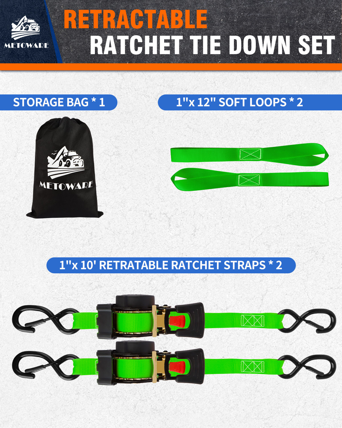 METOWARE Retractable Ratchet Straps (2-Pack) - 1 in x 10 Ft, Green - Image 7
