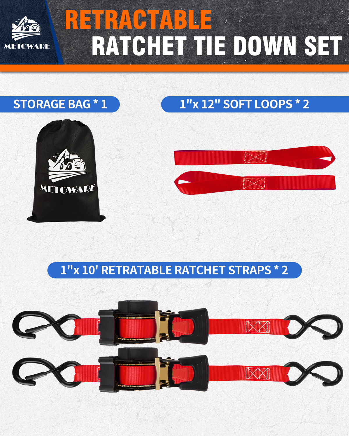 METOWARE Retractable Ratchet Straps (2-Pack) - 1 in x 10 Ft, Red - Image 7