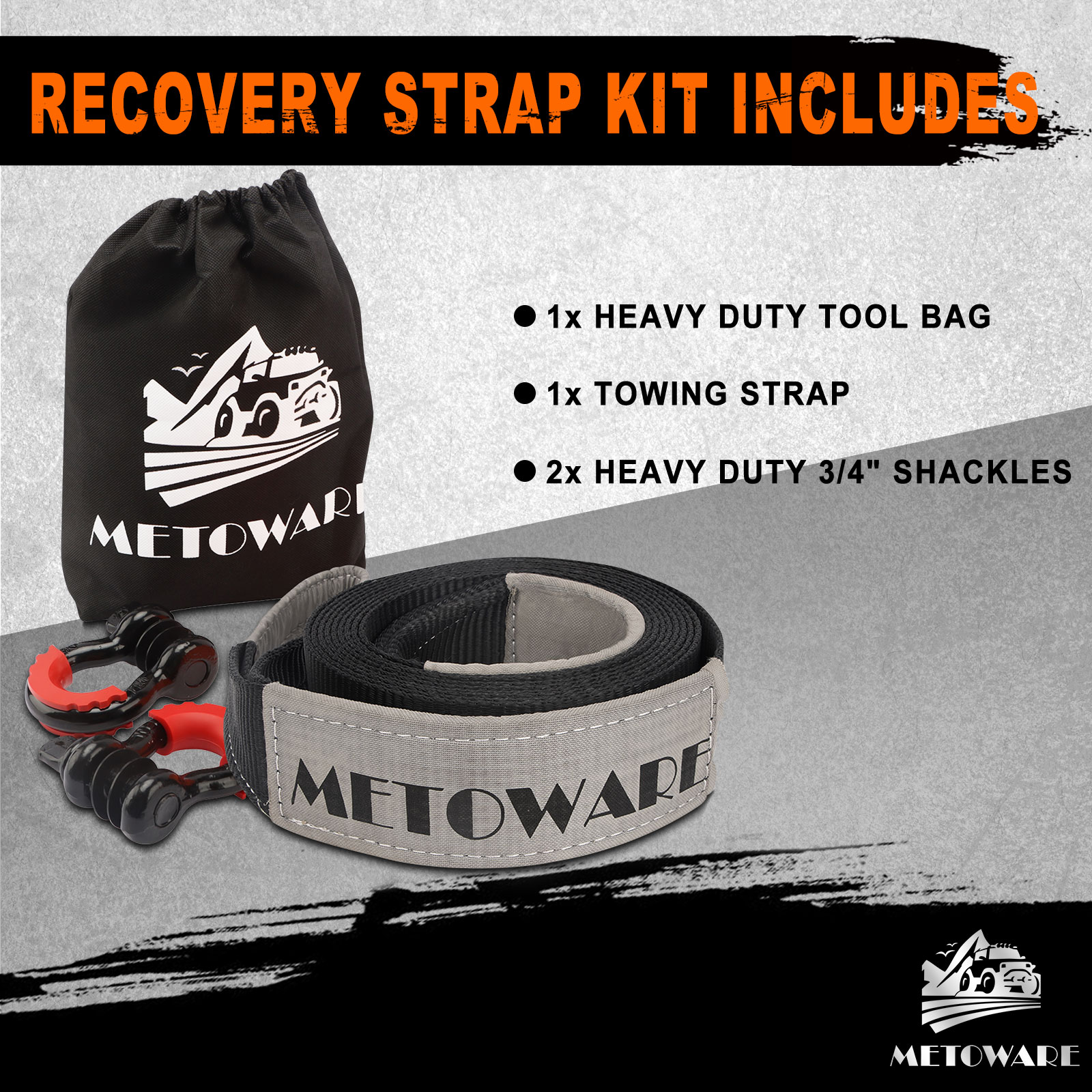 METOWARE Recovery Tow Strap Kit 3" x 20ft 35000 lbs Break Strength (Gray) - Image 6