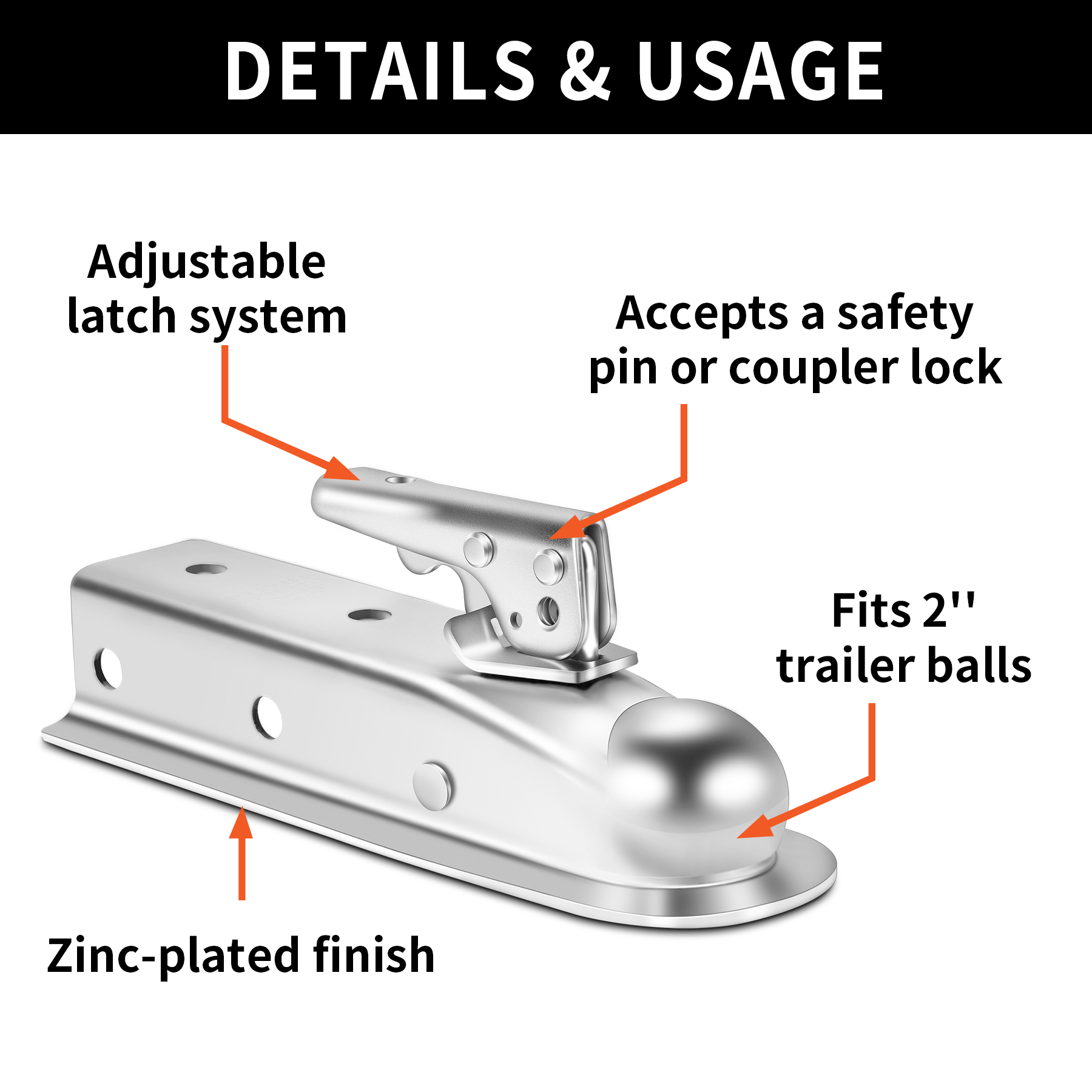 METOWARE Straight Trailer Tongue Coupler, 2" Ball, 2" Channel, 3,500LBS - Image 3