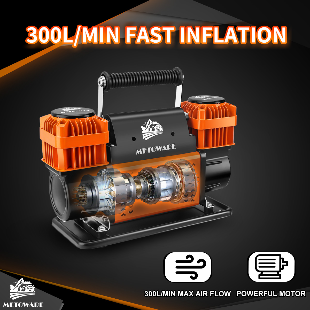 Offroad Air Compressor, 12 V Portable Air Pump with 10.6 CFM, Dual Cylinder Tire Inflator for Car Heavy Duty, Max 150PSI for 4 × 4 SUV Vehicle RV ATV Truck - Image 3