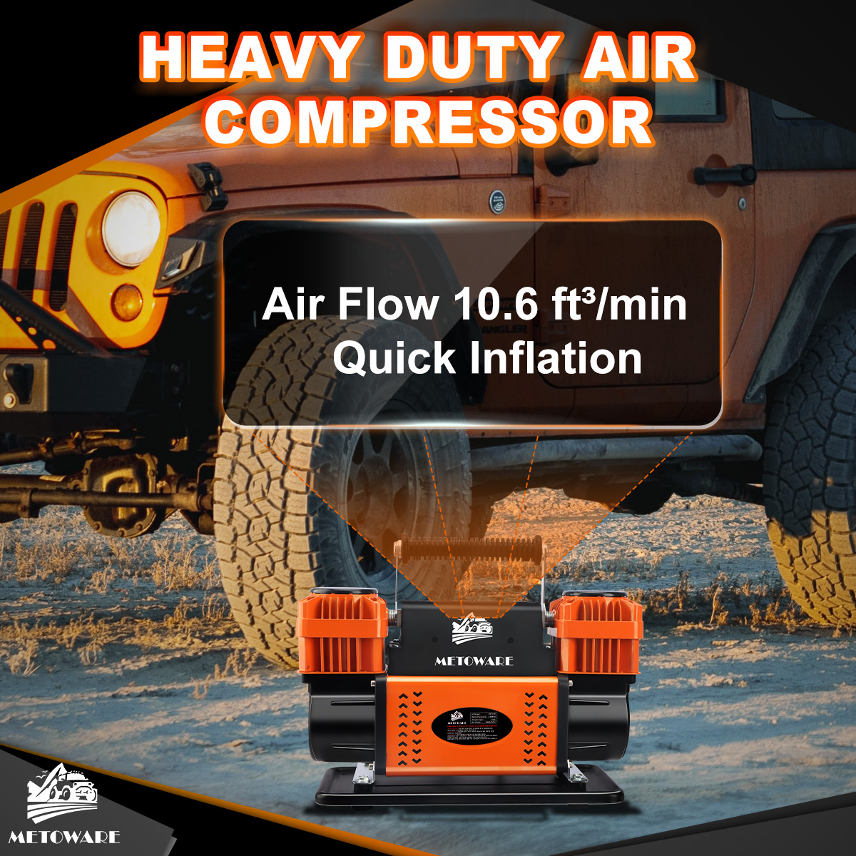 Offroad Air Compressor, 12 V Portable Air Pump with 10.6 CFM, Dual Cylinder Tire Inflator for Car Heavy Duty, Max 150PSI for 4 × 4 SUV Vehicle RV ATV Truck - Image 6