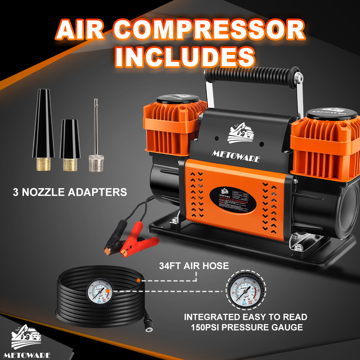 Offroad Air Compressor, 12 V Portable Air Pump with 10.6 CFM, Dual Cylinder Tire Inflator for Car Heavy Duty, Max 150PSI for 4 × 4 SUV Vehicle RV ATV Truck - Image 4