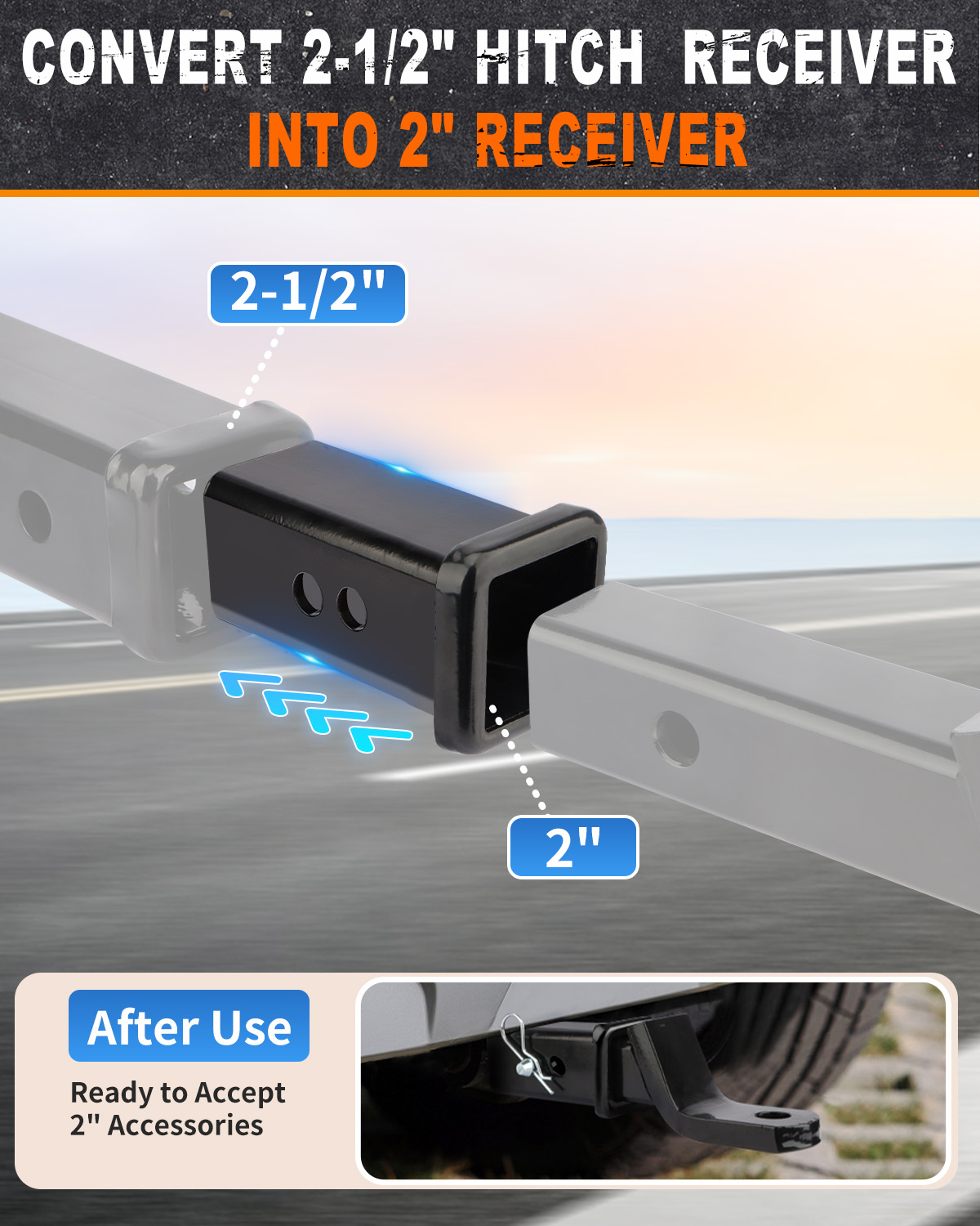 METOWARE 2-1/2" to 2" Trailer Hitch Receiver Adapter Reducer with 5/8" Pin & Clip - Image 2