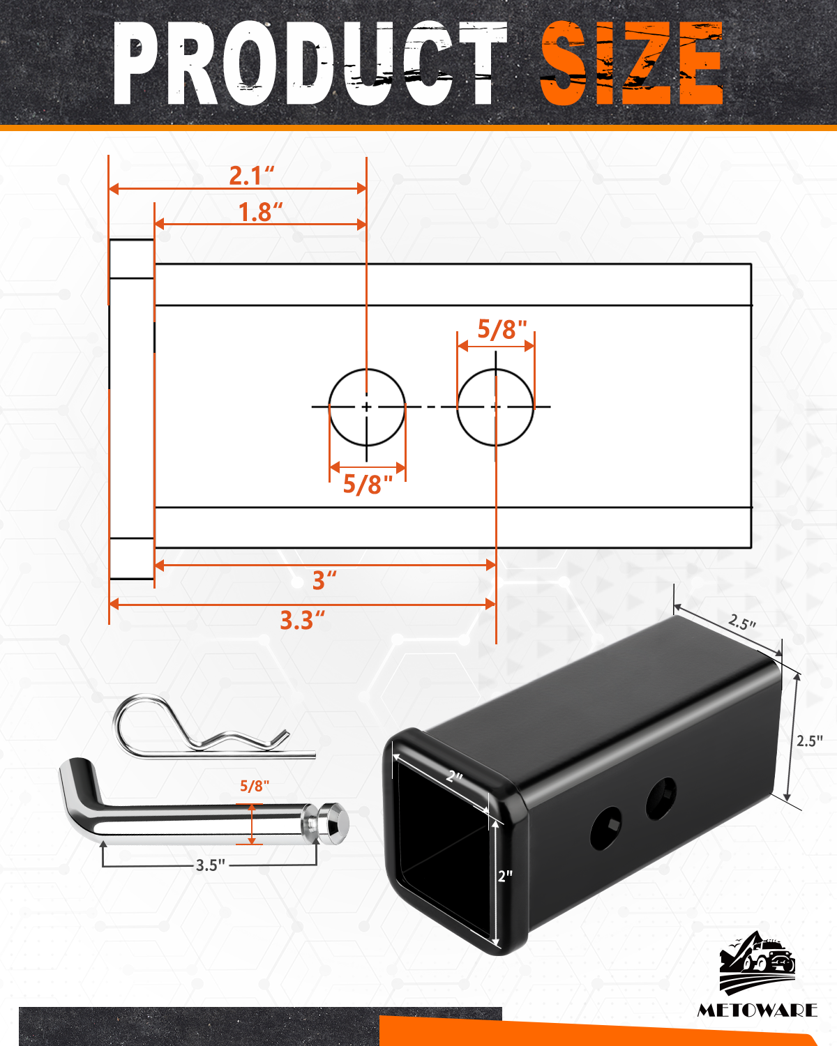 METOWARE 2-1/2" to 2" Trailer Hitch Receiver Adapter Reducer with 5/8" Pin & Clip - Image 3