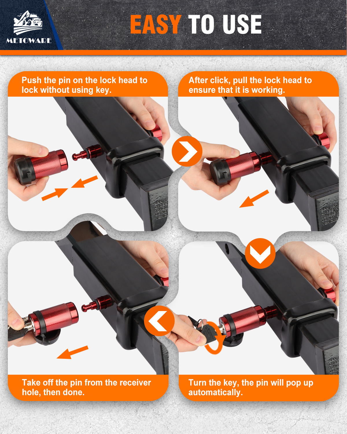 METOWARE Trailer Hitch Lock Fits Class III/IV, 2", 2-1/2" Hitch Receive Red (2 Pack) - Image 6