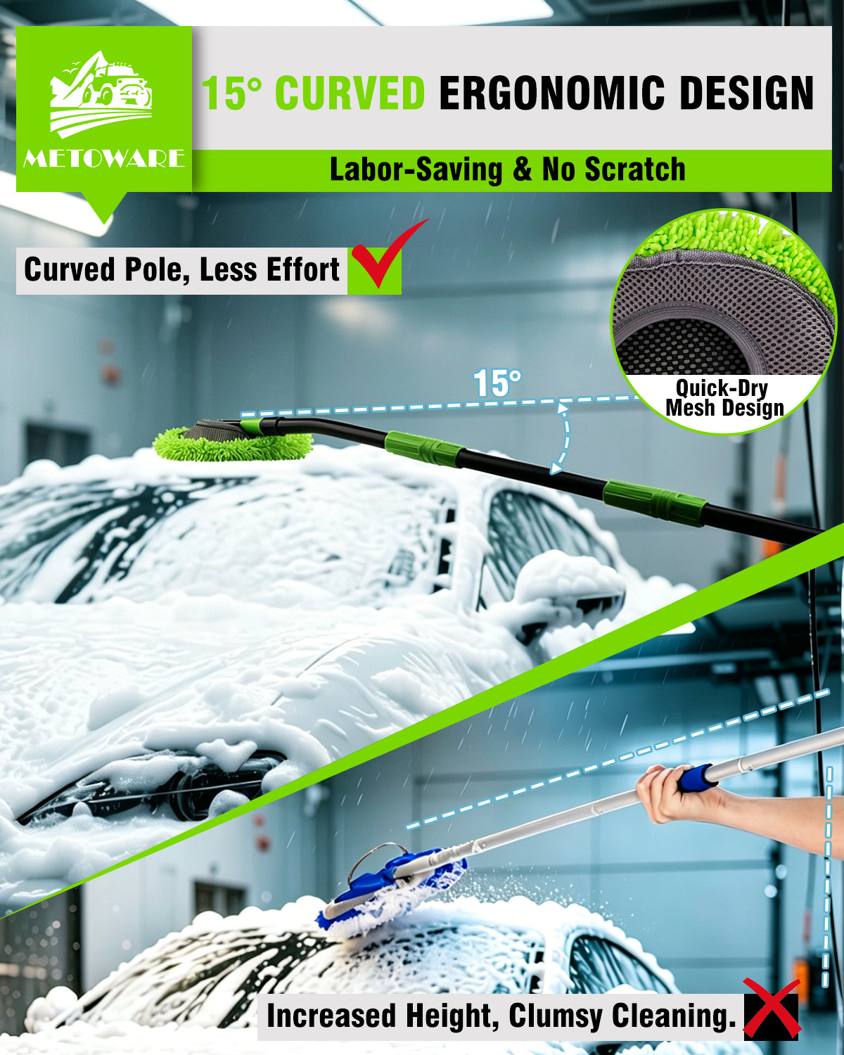 METOWARE 15° Curved Car Wash Mop, 47" Long 3-Section Sturdy Iron Pole - Image 7