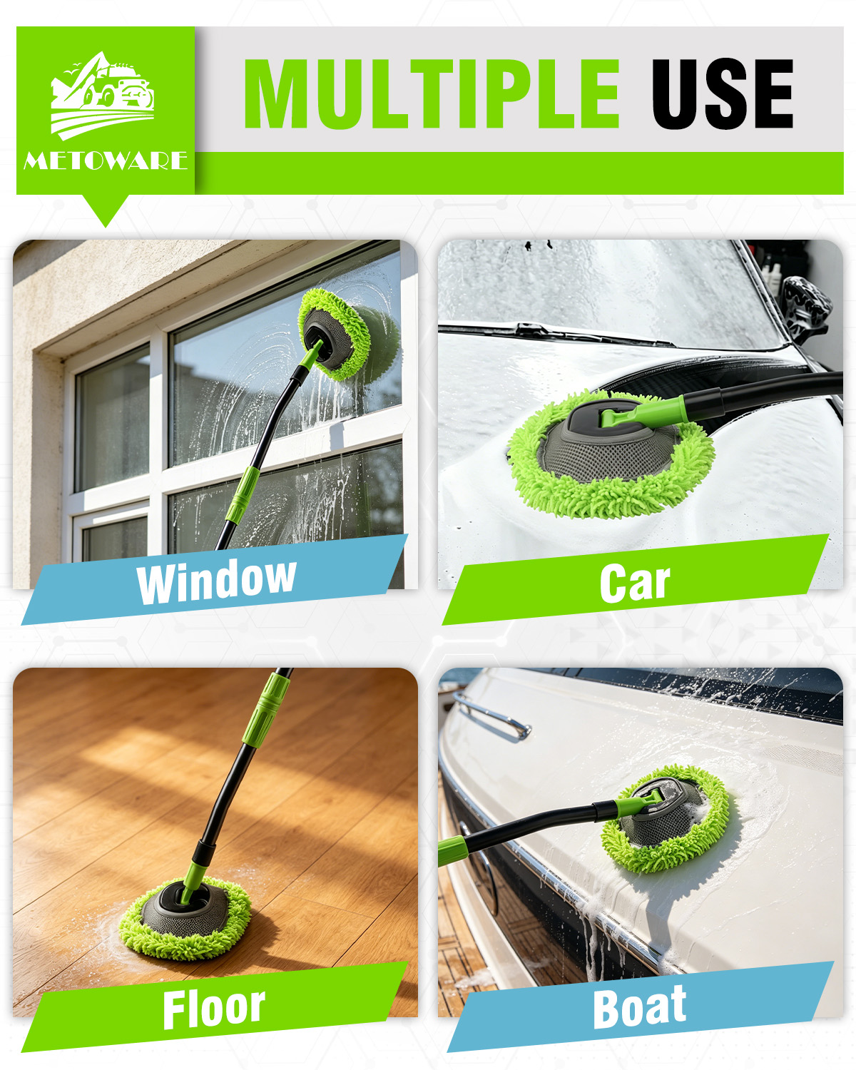 METOWARE 15° Curved Car Wash Mop, 47" Long 3-Section Sturdy Iron Pole - Image 2
