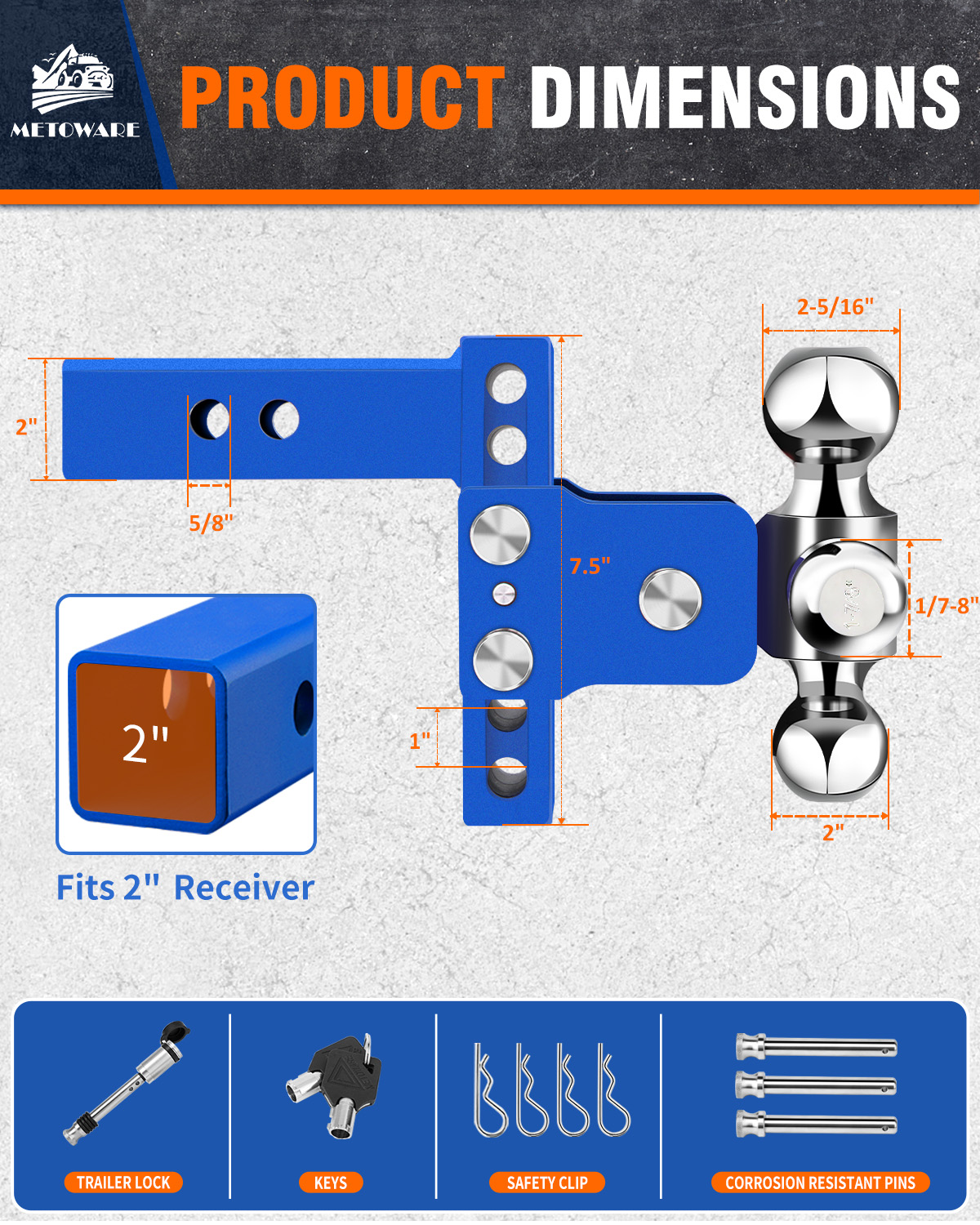 METOWARE Adjustable Trailer Hitch Fits 2" Receiver Tri-Ball, 4" Drop, 14K GTW, Blue - Image 6