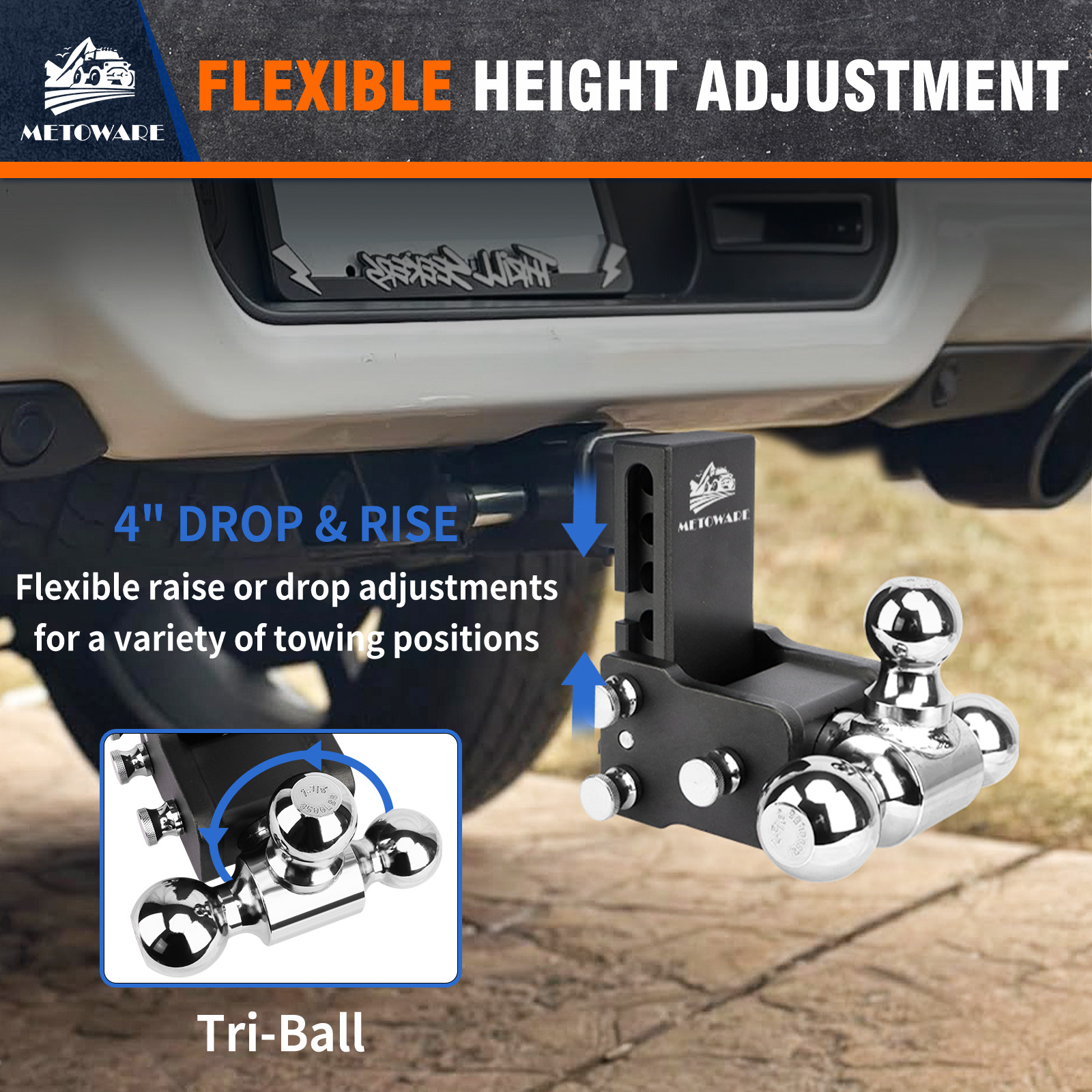 METOWARE Adjustable Trailer Hitch Fits 2" Receiver Tri-Ball, 4" Drop, 14K GTW - Image 2