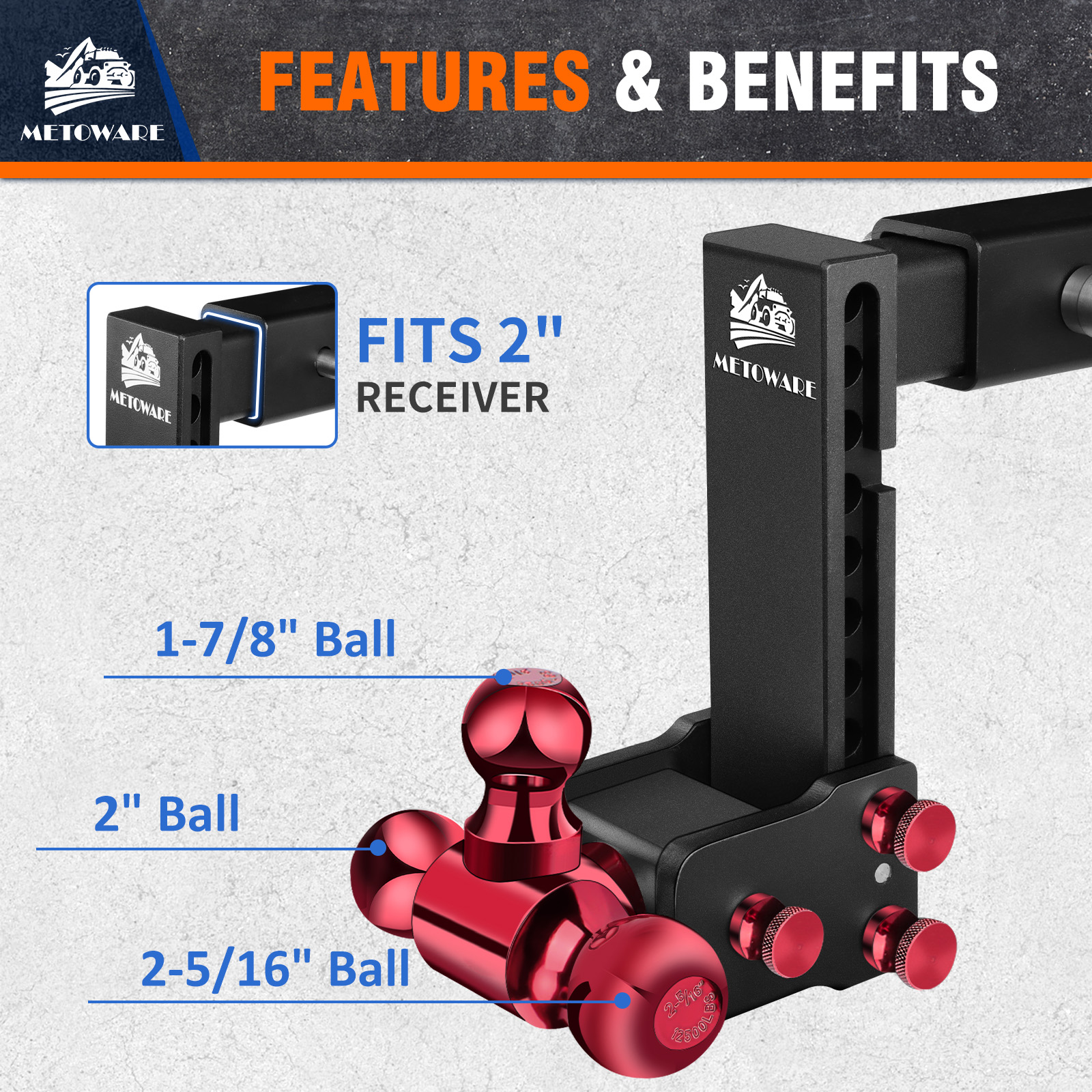 METOWARE Adjustable Trailer Hitch Fits 2" Receiver Tri-Ball (Red), 8" Drop, 14K GTW - Image 3