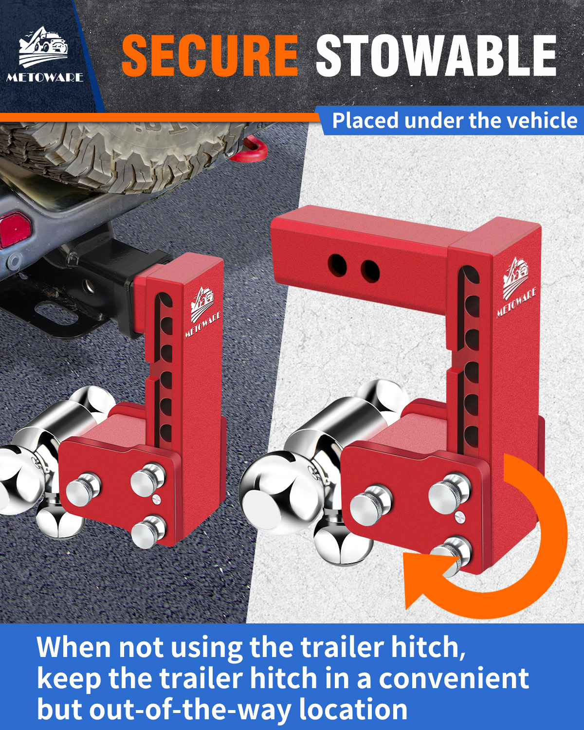 METOWARE Adjustable Trailer Hitch Fits 2" Receiver Tri-Ball, 6" Drop, 14K GTW, Red - Image 6