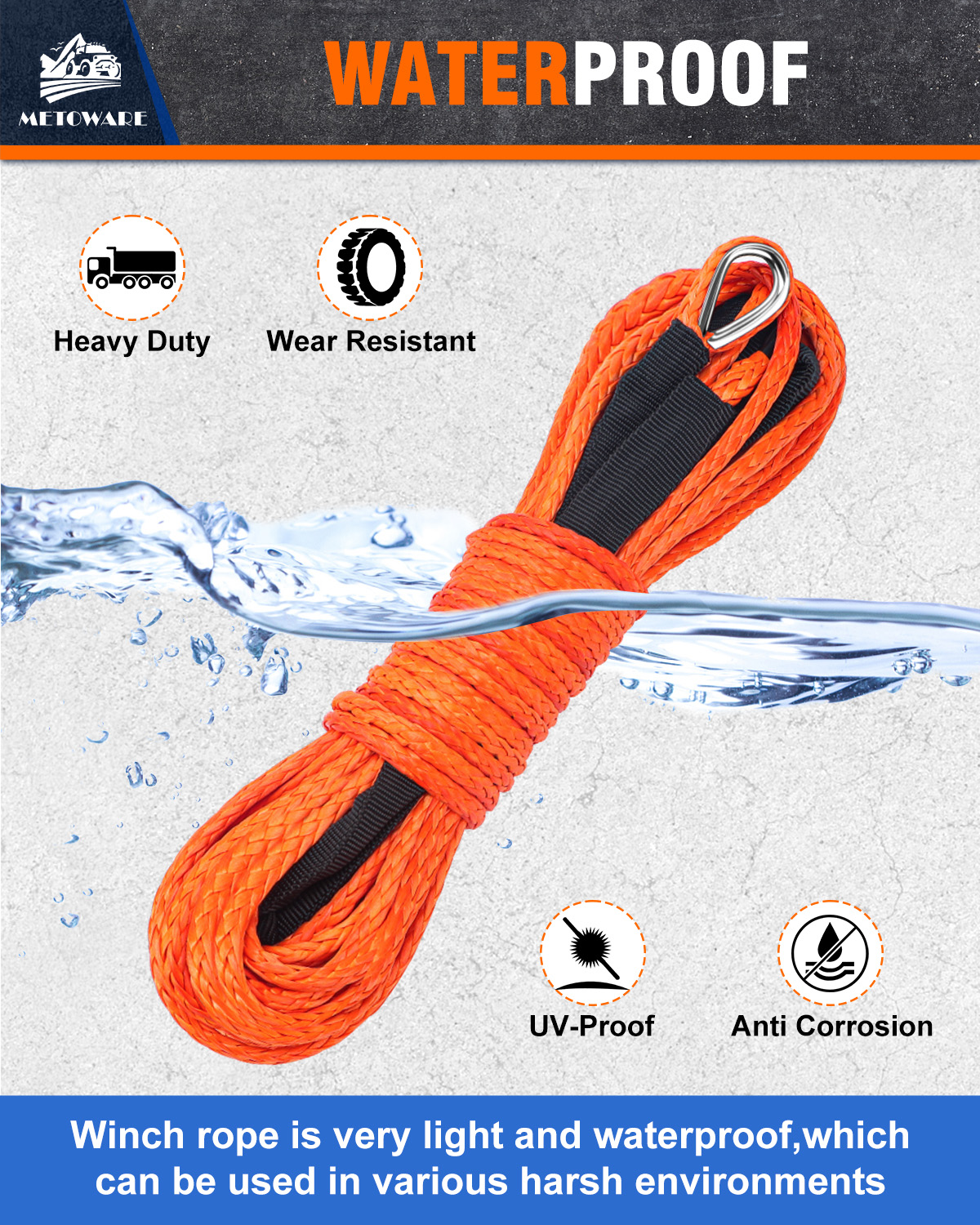 METOWARE Synthetic Winch Rope Kit 1/4" x 50ft 10000 LBS Break Strenght - Image 2