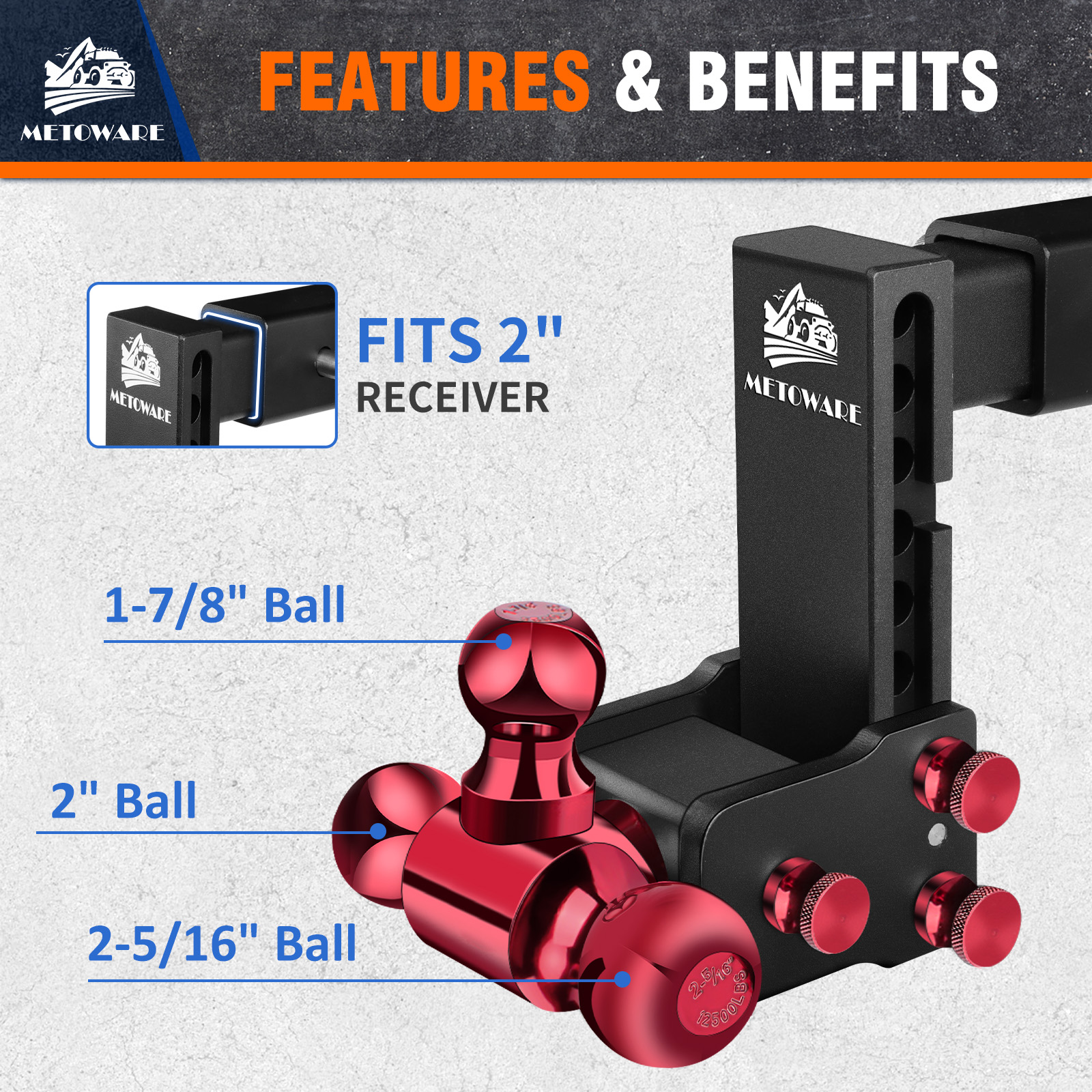 METOWARE Adjustable Trailer Hitch Fits 2" Receiver Tri-Ball (Red), 6" Drop, 14K GTW - Image 3