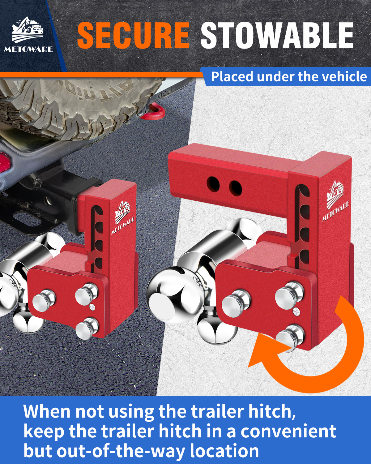 METOWARE Adjustable Trailer Hitch Fits 2" Receiver Tri-Ball, 4" Drop, 14K GTW, Red - Image 3