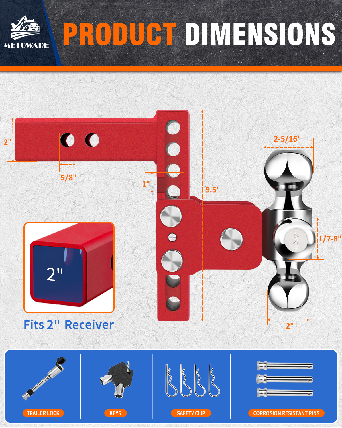 METOWARE Adjustable Trailer Hitch Fits 2" Receiver Tri-Ball, 6" Drop, 14K GTW, Red - Image 4