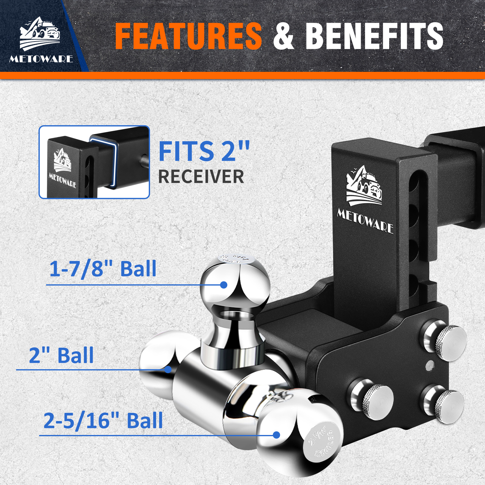 METOWARE Adjustable Trailer Hitch Fits 2" Receiver Tri-Ball, 4" Drop, 14K GTW - Image 4