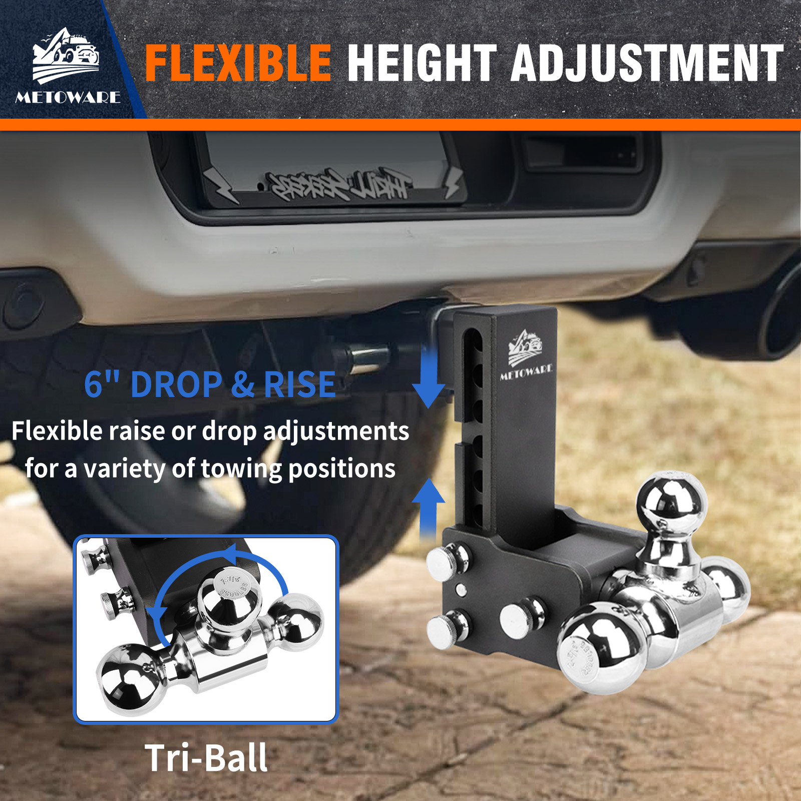METOWARE Adjustable Trailer Hitch Fits 2" Receiver Tri-Ball, 6" Drop, 14K GTW - Image 3