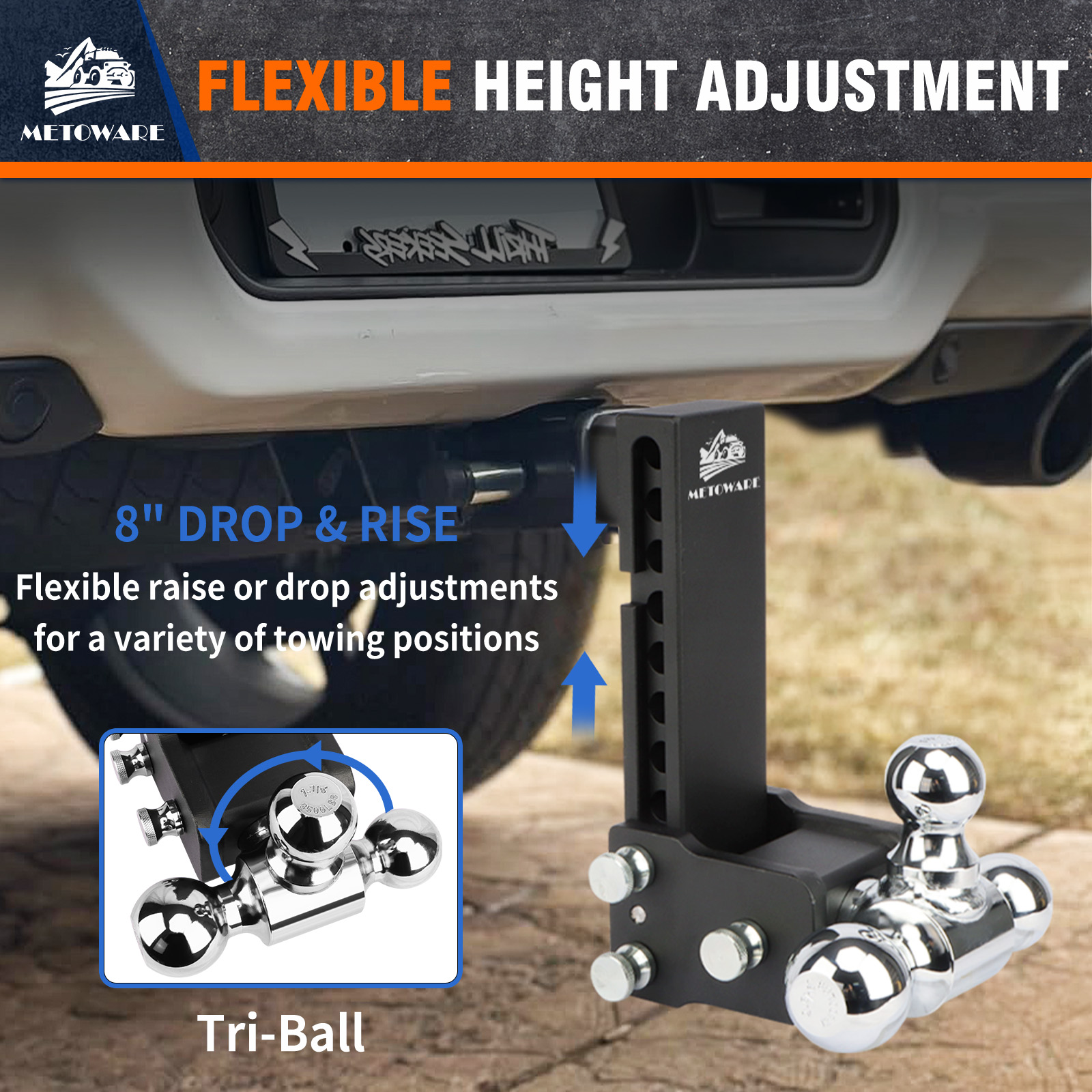 METOWARE Adjustable Trailer Hitch Fits 2" Receiver Tri-Ball, 8" Drop, 14K GTW - Image 3