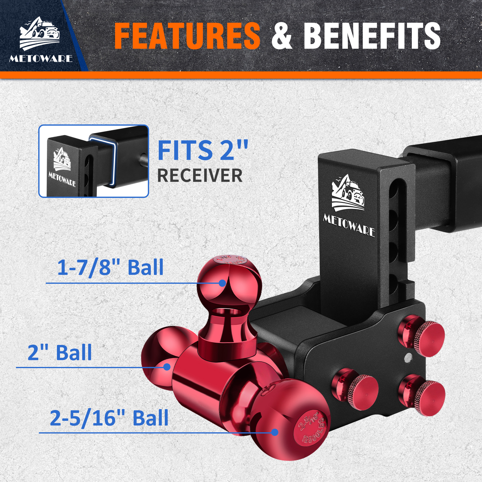 METOWARE Adjustable Trailer Hitch Fits 2" Receiver Tri-Ball (Red). 4" Drop, 14K GTW - Image 3