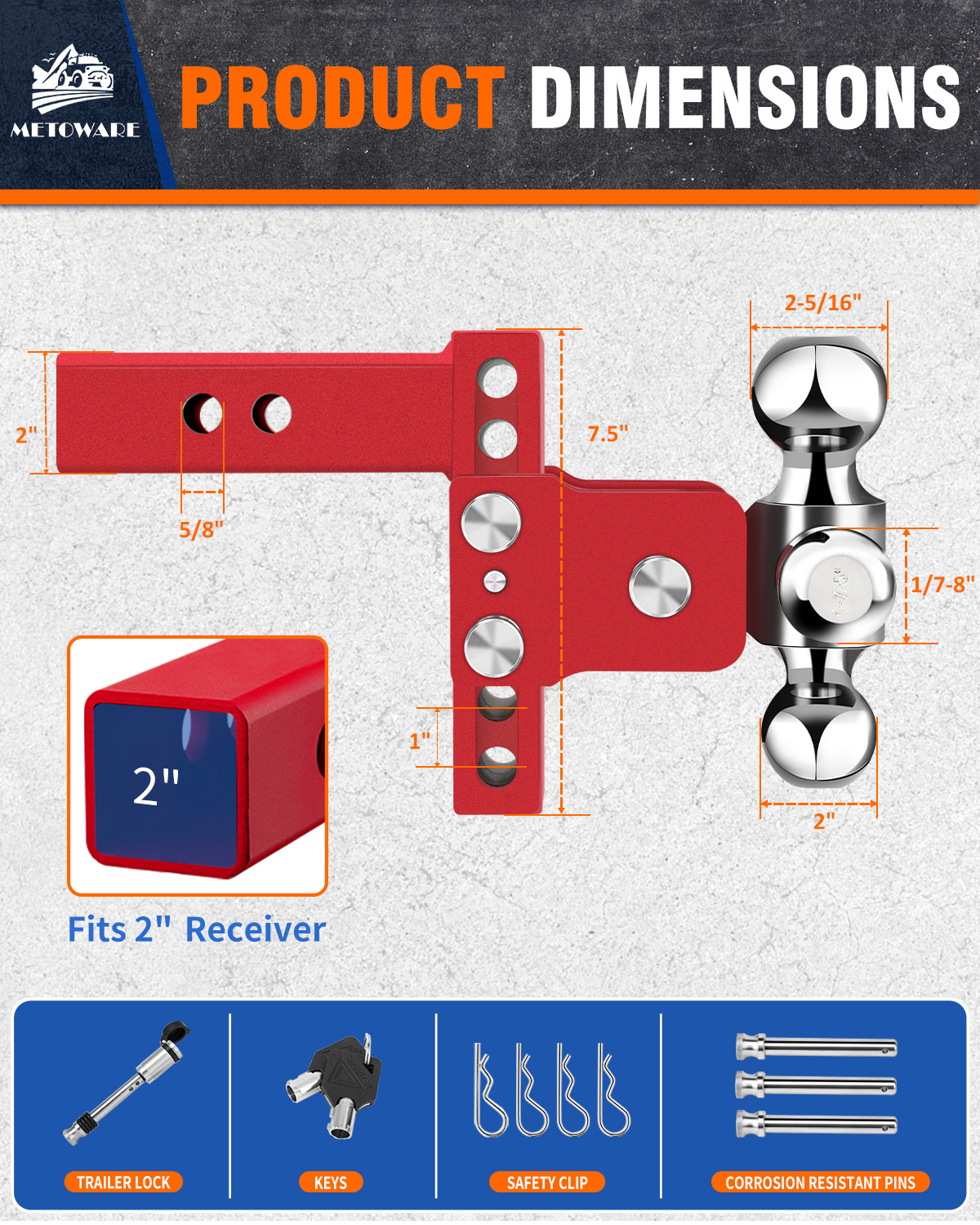 METOWARE Adjustable Trailer Hitch Fits 2" Receiver Tri-Ball, 4" Drop, 14K GTW, Red - Image 2