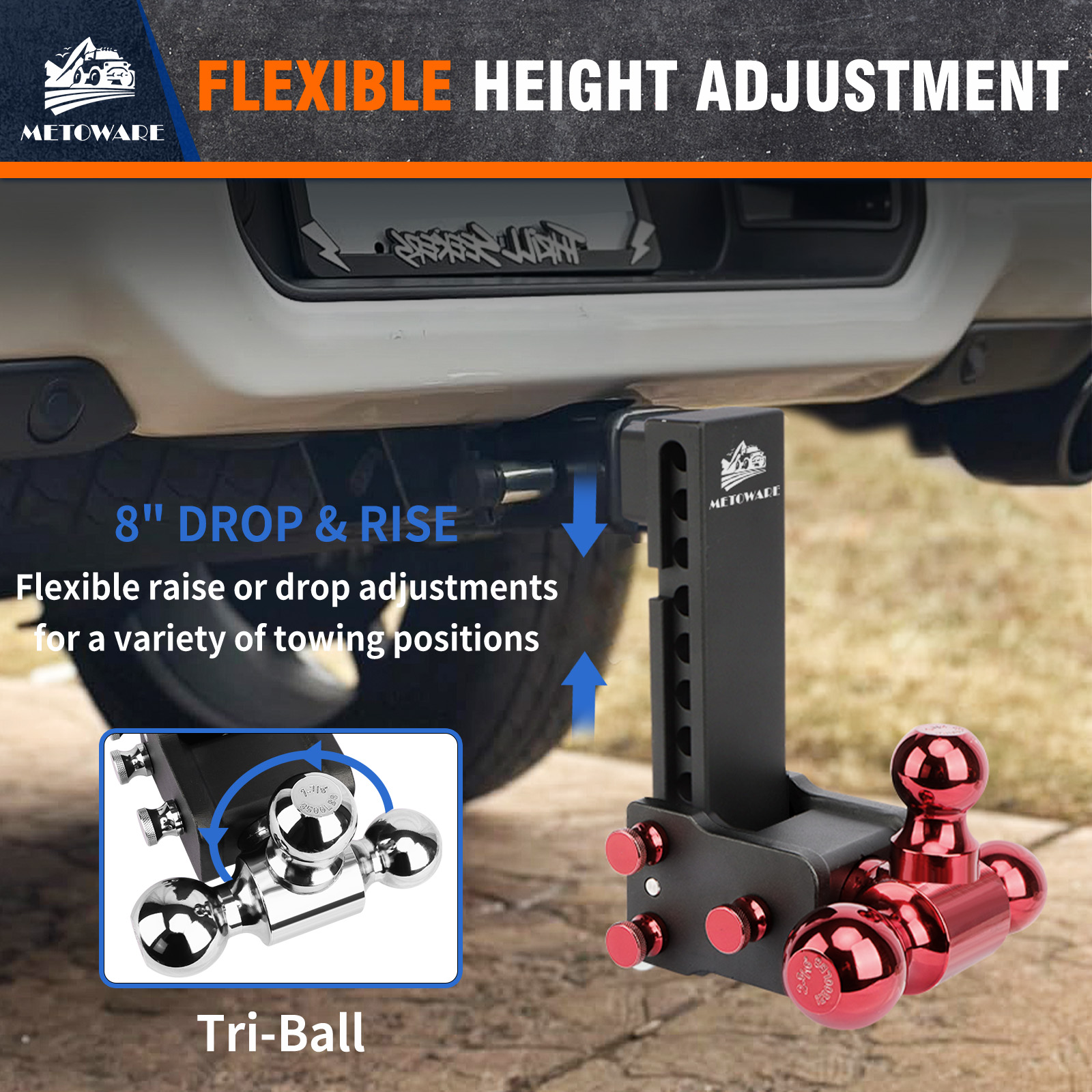 METOWARE Adjustable Trailer Hitch Fits 2" Receiver Tri-Ball (Red), 8" Drop, 14K GTW - Image 4