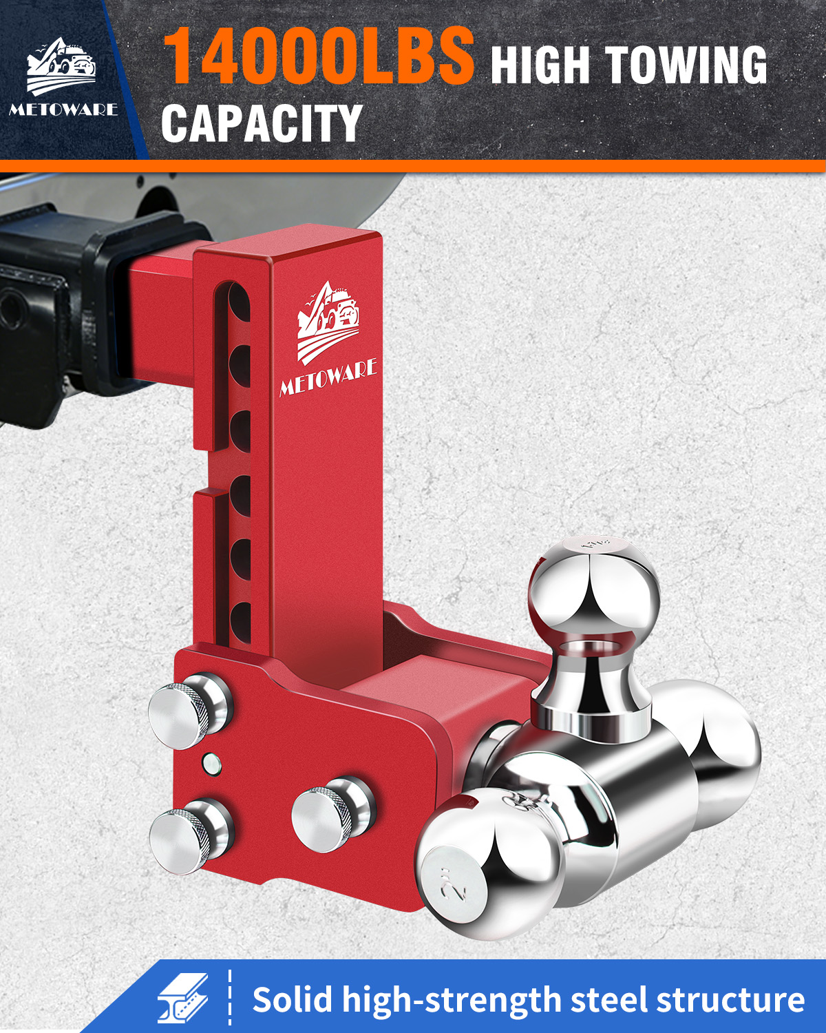 METOWARE Adjustable Trailer Hitch Fits 2" Receiver Tri-Ball, 6" Drop, 14K GTW, Red - Image 2