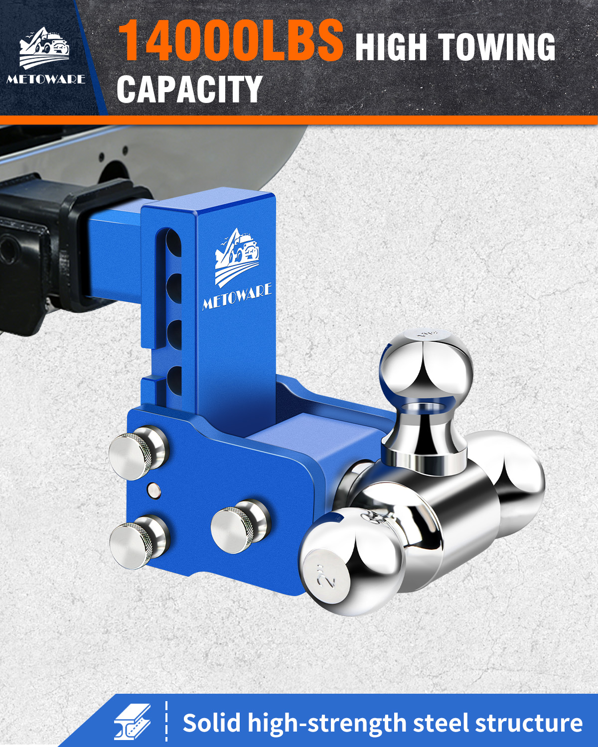 METOWARE Adjustable Trailer Hitch Fits 2" Receiver Tri-Ball, 4" Drop, 14K GTW, Blue - Image 2